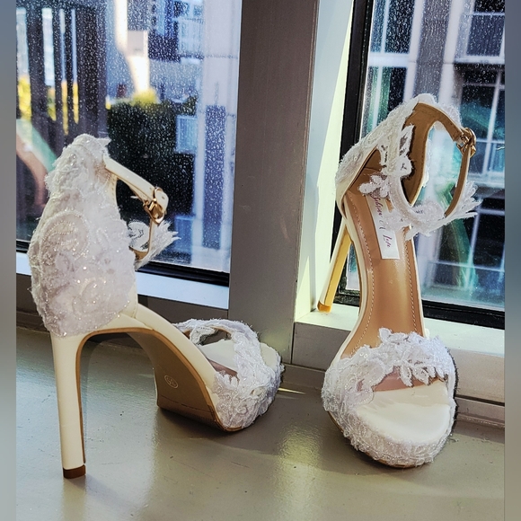 CUSTOM ORDER - White Embroidered Beaded Lace Heels - Picture 7 of 11
